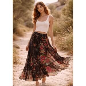 Boho Floral Maxi Skirt Black Patchwork Tie Waist Overlay Festival Thailand